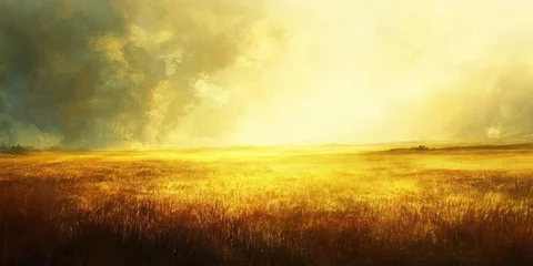 Gardinen Vibrant golden field under a dramatic sky at sunset with warm hues illuminating the landscape © Victor