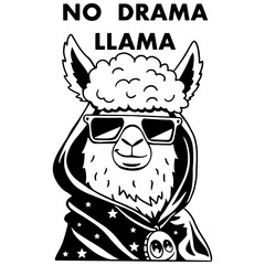 No drama llama. Cool llama in sunglasses. Black and white vector illustration	