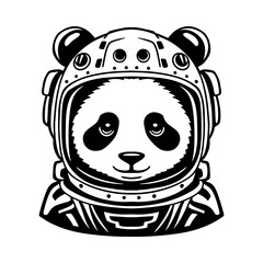 Black and white vector illustration of a cute panda in a futuristic astronaut helmet. Perfect for t-shirts, tattoos, stickers, and digital art. A blend of space exploration and wildlife symbolism. © liza