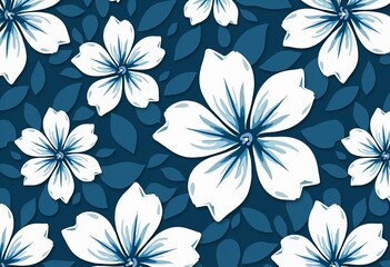 Clean Hawaiian Floral Design: Blue and white vector pattern featuring flat colors, simple shapes, and a shadow-free, gradient-free tropical aesthetic.

