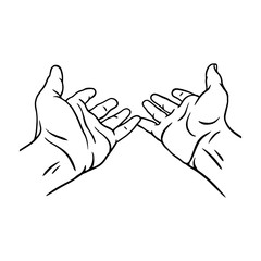 Black and white vector illustration of two open human hands reaching out. Minimalist line art design, symbolizing giving, help, hope, support, connection, spirituality, and communication.