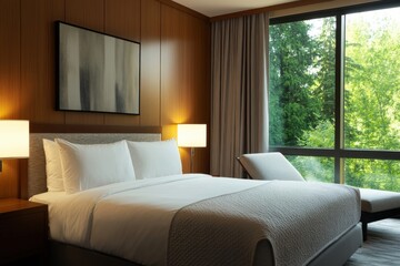 Obraz premium Hotel room with a view of the forest.