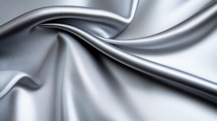 Smooth, lustrous silver fabric drapes elegantly, showcasing soft folds and a shimmering surface, perfect for fashion, interior design, or promotional material focused on luxury or textiles,