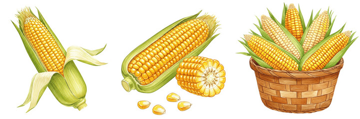 Obraz premium Fresh corn cobs with husks and kernels, watercolour style clipart collection, isolated on a transparent background