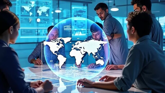 Global Strategy Session: A diverse team of business professionals engages in an immersive brainstorming session. The central focus is a holographic representation of the globe. - Powered by Adobe