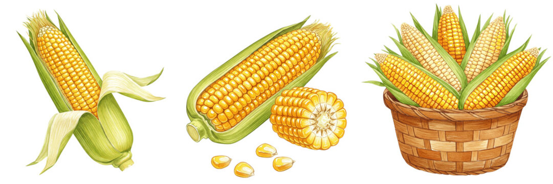 Fresh corn cobs with husks and kernels, watercolour style clipart collection, isolated on a transparent background