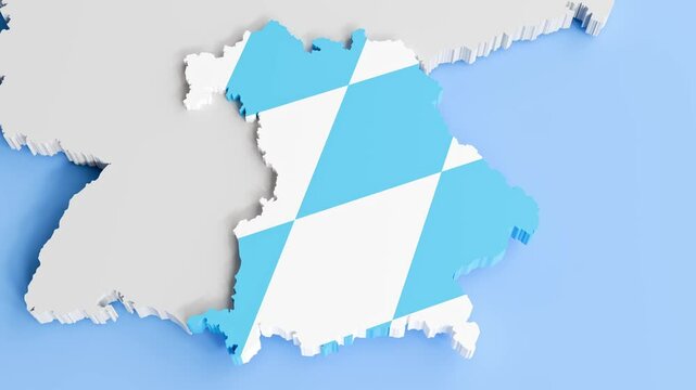 Germany and its states. Camera panning and zooming in on the state Bavaria (Bayern) covered according to official flag.