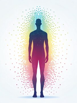 Colorful silhouette of a human figure surrounded by a digital, dotted gradient pattern.