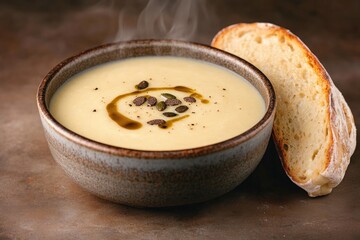 Creamy soup garnished with seeds, served with crusty bread, evok