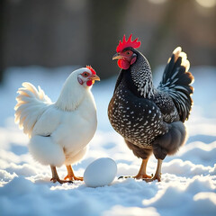 Fototapeta premium A beautiful two hen with egg isolated on snow background
