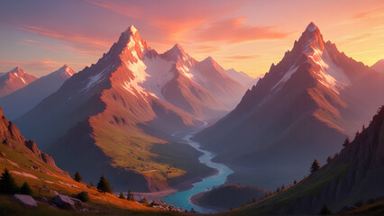 Obraz premium Sunset and sunrise over snowy mountain peaks