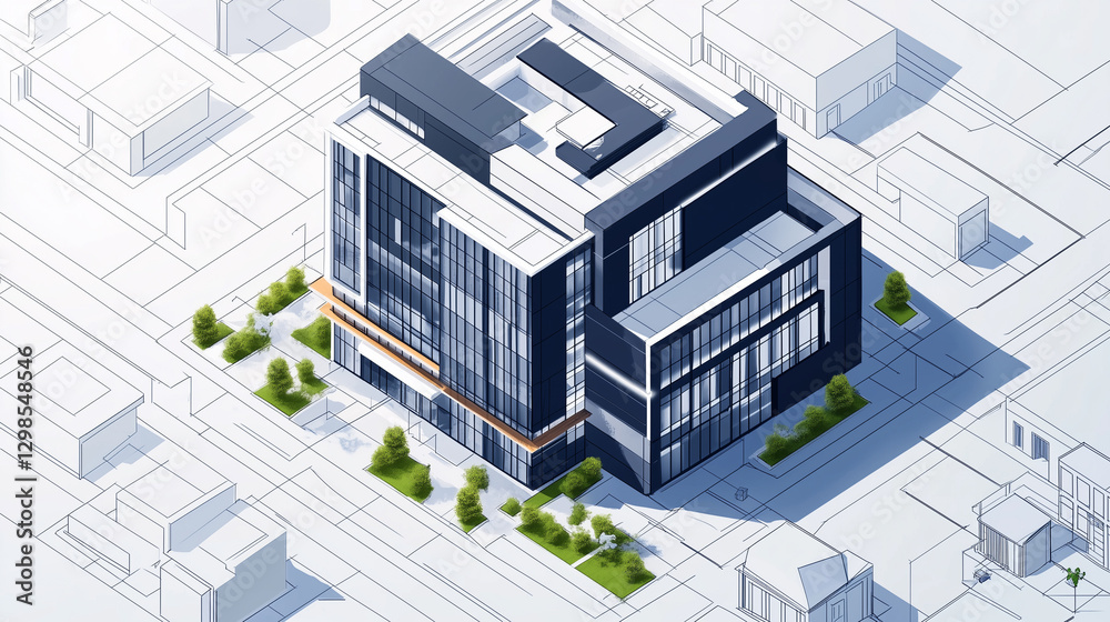 Fototapete high-resolution isometric cityscape featuring a modern commercial building in a blueprint-inspired r