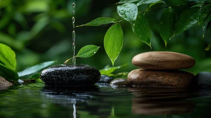 Water falling on stones in a still pool, surrounded by vibrant green leaves
