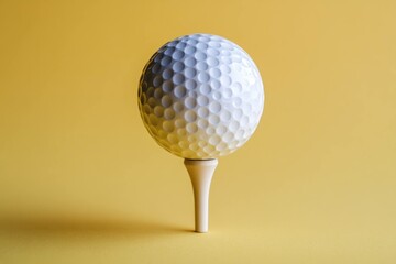 White golf ball on a tee against a bright yellow background, symbolizing the essence of sports and leisure Perfect for golf related themes, promotions, and advertising