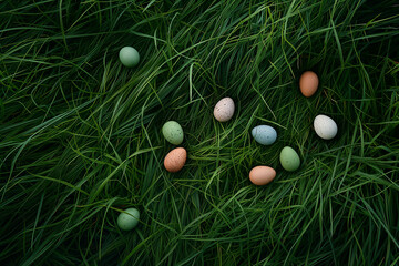 Top down view of grass with solid color Easter Eggs all over the grass