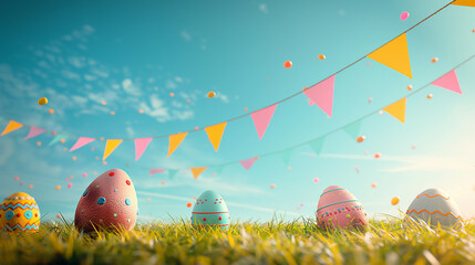 Colorful Easter eggs on grass and a blu sky