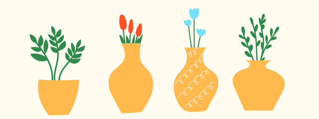 Doodle Flowers in Yellow Vase. Simple Hand Drawn Element Decoration Set. Positive and Happy Greeting Gift for Woman's Day, Mother Day from Kid. Child Friendly Symbol. 