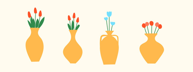 Doodle Flowers in Yellow Vase. Simple Hand Drawn Element Decoration Set. Positive and Happy Greeting Gift for Woman's Day, Mother Day from Kid. Child Friendly Symbol. 