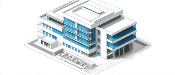 Isometric architectural blueprint of a modern hospital building, emphasizing its sleek white facade and blue-tinted glass panels