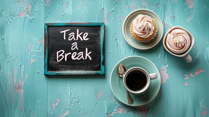 This is a close-up of playful cursive writing that reads "Take a Break" on a chalkboard with a dish of cupcakes and a coffee cup on a vivid green backdrop, Generative AI.