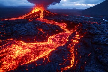 Erupting volcano spewing lava during twilight in a remote landscape