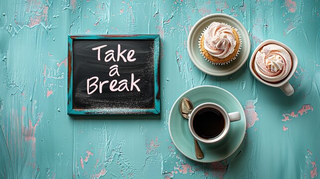 This is a close-up of playful cursive writing that reads "Take a Break" on a chalkboard with a dish of cupcakes and a coffee cup on a vivid green backdrop, Generative AI.