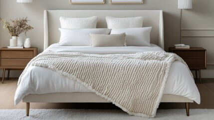 Obraz premium A white and beige bedding set with a soft, plush comforter, fluffy pillows, and a light throw blanket, placed on a modern bedframe.