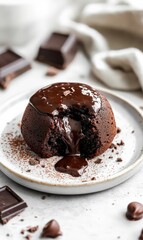Chocolate lava cake on a plate on light background with copyspace