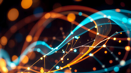 Dynamic Digital Abstract Artwork with Swirling Lines, Dots, Vibrant Blue and Orange Contrast, and Fluid Motion on Dark Background