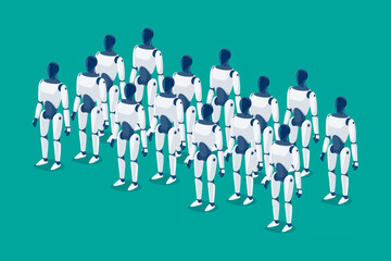 Humanoid robots workers army standing ready. Autonomous robotic machines industry. Artificial intelligence ai-powered bot android cyborg. Cyber robot replacing humans. Isolated vector illustration.