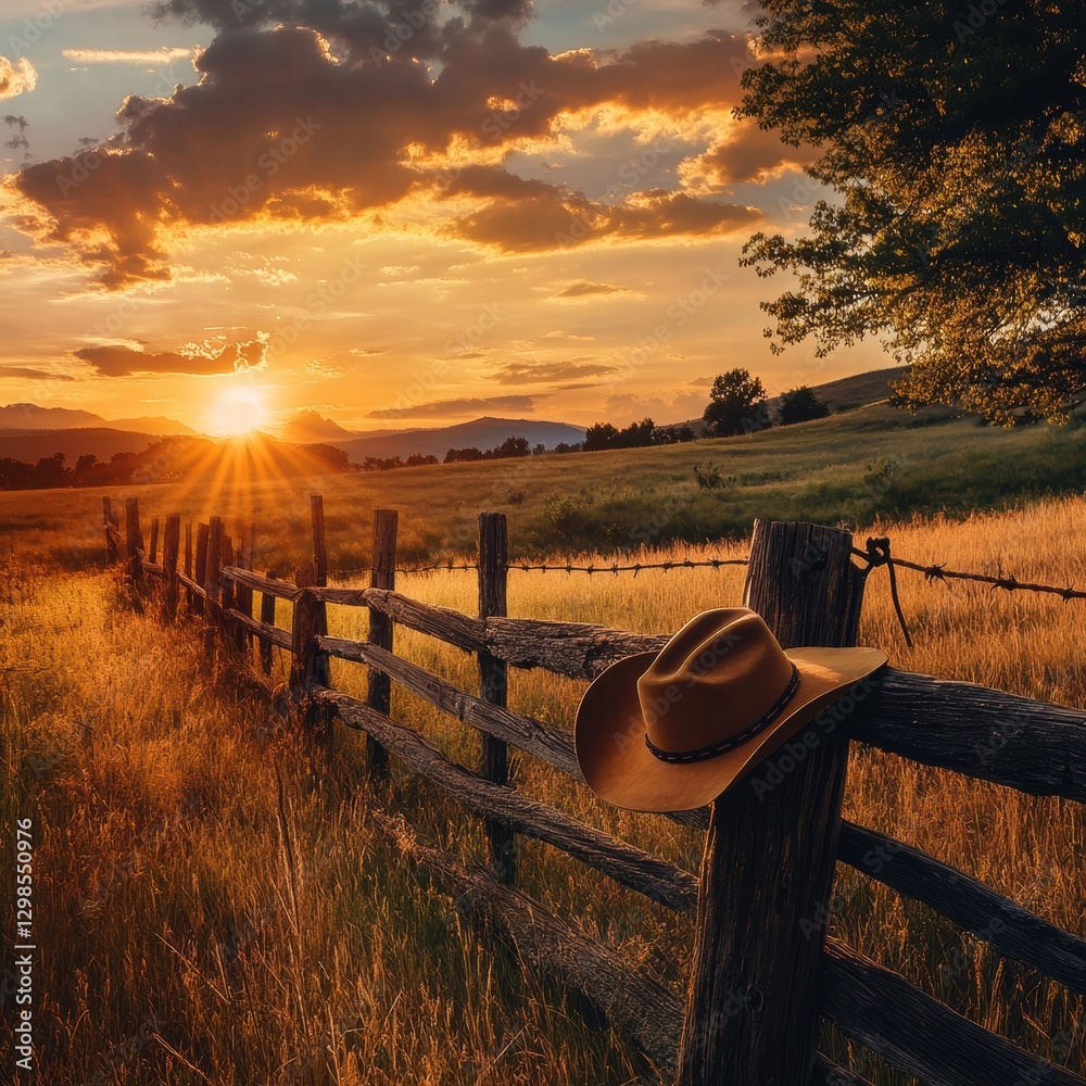 Aufkleber sunset over a rustic farm with a cowboy hat resting on a wooden fence in the distance. generative ai