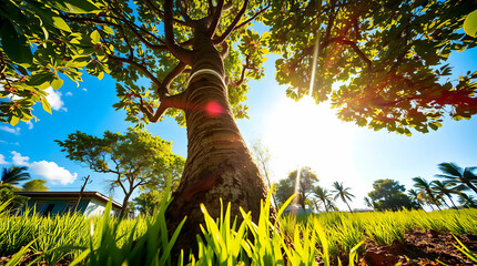 Vibrant Landscape Photograph of Large Tree with Sprawling Branches, Sunlight, Lens Flare, and Serene Green Grass Under Blue Sky