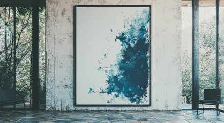 In a business center, a wall displays a blank white poster as an advertising concept