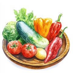Watercolor vegetables in a wooden plate isolated on white background  