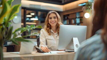 Friendly Hotel Receptionist Offering Excellent Service to a Business Traveler at the Front Desk