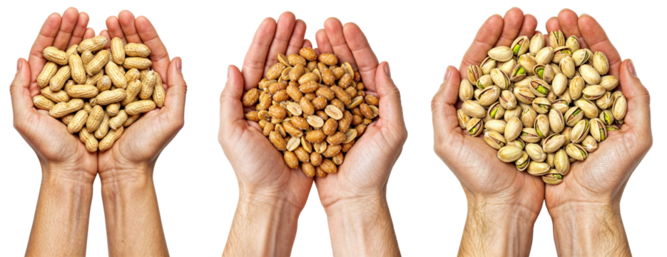 Hands holding peanuts, roasted nuts, and pistachios, collection, isolated on a transparent background