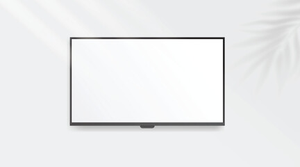 4K TV flat screen lcd, plasma, realistic illustration, White blank monitor mockup. wide flatscreen monitor hanging on the wall