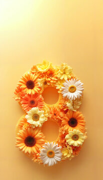 Vibrant floral number 8 with orange and yellow flowers on a pastel peach background for International Women's Day