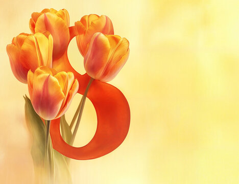 Vibrant floral number 8 with orange and yellow flowers on a pastel peach background for International Women's Day