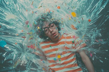 Portrait of a queer young man with an outrageous hairstyle and eccentric fashion sense, repeated three times
