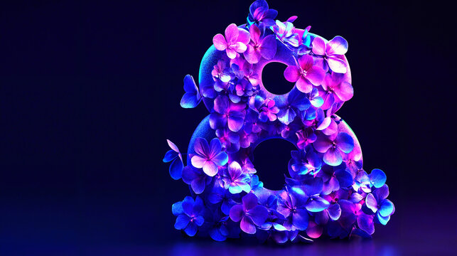 Glowing floral number 8 for International Women's Day on a cosmic gradient background