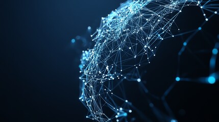 A digital representation of a network globe, showcasing interconnected nodes and lines in a vibrant blue color scheme against a dark background.