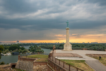 Kalemegdan Fortress and Victor Monument (Pobednik) during sunset, Belgrade, Serbia