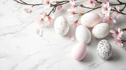 Fototapeta premium Elegant white marble background with pastel Easter eggs and delicate pink cherry blossoms, clean and stylish festive arrangement.