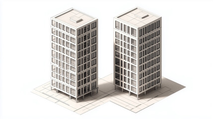 Fototapeta premium Isometric architectural visualization of two high-rise buildings with a minimalist, modern design