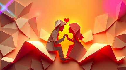 Origami-Inspired Digital Illustration of Two Paper Figures with Hands Touching, Red Heart, and Warm Gradient Background Symbolizing Love