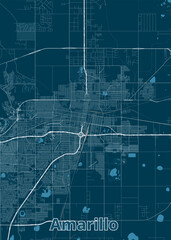The image depicts a detailed street map of Amarillo, Texas. The map is rendered in a minimalist style with a dark blue background and white lines representing roads and streets.