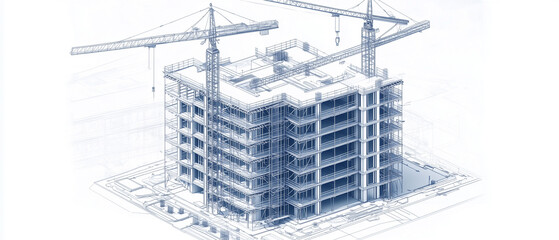 Fototapeta premium Isometric CAD-style architectural drawing of a skyscraper under construction, with scaffolding and cranes surrounding the multi-story structure