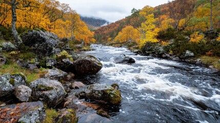 Obraz premium Autumn River Flowing Through Mountains