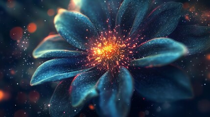 A mesmerizing close-up of a luminous flower with shimmering petals and a vibrant center, set against a dark, ethereal background.